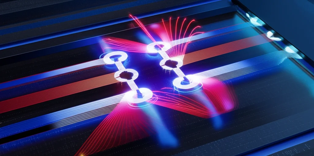 Visualizzazione 3D fotorealistica della propagazione della luce all'interno di un decodificatore ottico su chip. Fasci luminosi colorati (rosso, blu) interagiscono con risonatori ad anello a forma di T. Obiettivo con profondità di campo ridotta per focalizzare l'attenzione sui componenti chiave, stile scientifico ma visivamente accattivante.