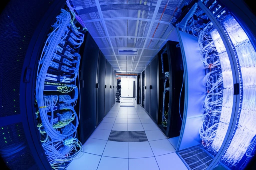 Fotografia wide-angle di un data center futuristico con server racks illuminati da luci blu e cavi in fibra ottica luminosi. Lunga esposizione per creare scie luminose che simboleggiano il flusso di dati ad alta velocità, messa a fuoco nitida sull'architettura tecnologica, 15mm wide-angle lens.