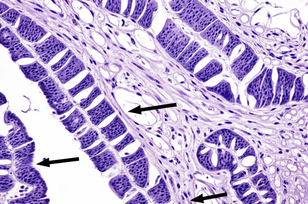 Immagine istopatologica al microscopio di tessuto intestinale ischemico, con frecce che indicano necrosi transmurale e perdita delle cripte. Macro lens, 100mm, high detail, precise focusing, controlled lighting, duotone blu e viola.