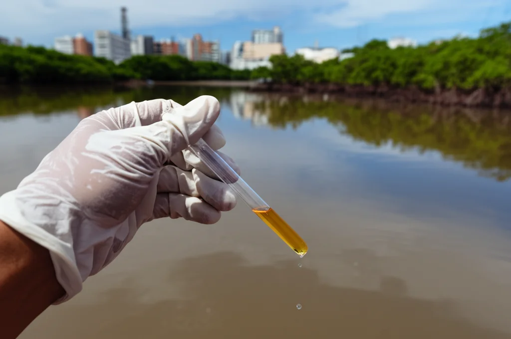 Primo piano di una mano guantata che raccoglie un campione d'acqua visibilmente torbida da una laguna brasiliana usando una provetta sterile. Sullo sfondo, sfocata, si intravede la riva con mangrovie e alcuni edifici urbani in lontananza. Obiettivo macro 90mm, luce naturale filtrata, alta definizione, messa a fuoco selettiva sulla provetta e sull'acqua.
