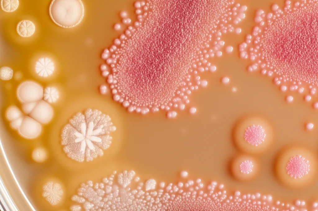 Microfotografia realistica di diverse colonie di lievito su una piastra di Petri con terreno CHROMagar. Si vedono colonie bianche (Candida parapsilosis), beige (altre Candida/Meyerozyma) e rosa/arancio (Rhodotorula). Obiettivo macro 100mm, illuminazione da laboratorio brillante e uniforme, alta definizione, dettagli nitidi delle texture delle colonie.