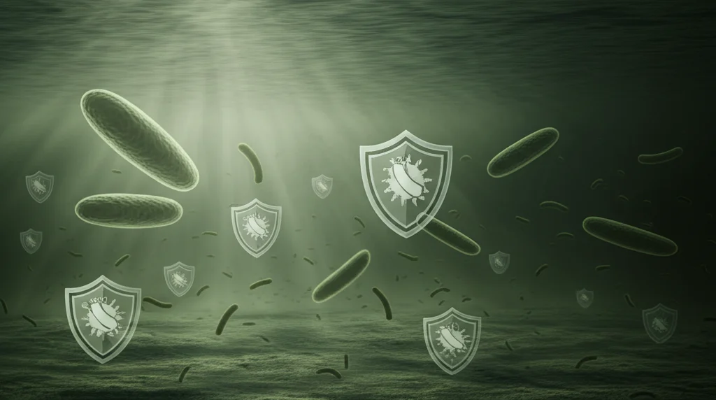 Immagine concettuale che mostra una vista sottomarina stilizzata di una laguna inquinata. Si vedono particelle sospese nell'acqua torbida e, in primo piano, rappresentazioni ingrandite e semi-trasparenti di lieviti (forme ovali) e batteri (forme a bastoncello) con simboli di 'scudo' a indicare la resistenza. La luce filtra debolmente dalla superficie. Obiettivo 35mm, atmosfera cupa, colori desaturati tendenti al verde-marrone.