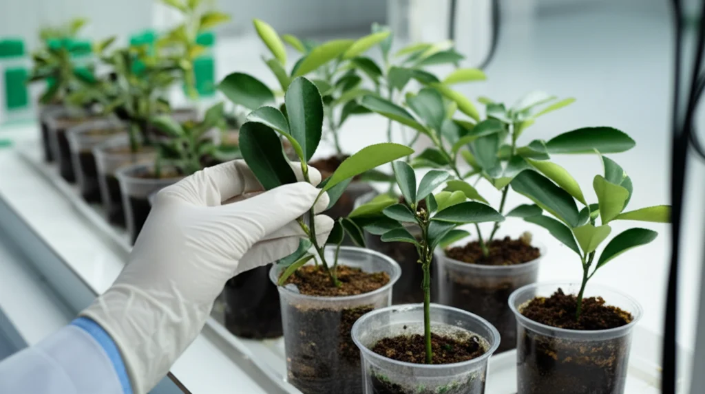 Immagine di laboratorio con piante di kumquat transgeniche in diversi stadi di crescita in piccoli vasi su un banco illuminato. In primo piano, una mano con guanto da laboratorio esamina delicatamente una foglia. Obiettivo prime 50mm, profondità di campo media per mostrare sia il dettaglio della pianta che il contesto del laboratorio, illuminazione artificiale controllata.