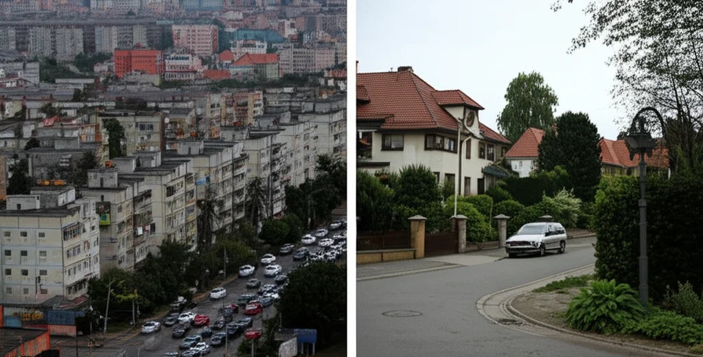 Immagine fotorealistica che contrappone due quartieri. A sinistra, un quartiere popolare denso, con edifici vicini, poco verde e una strada trafficata in primo piano. A destra, un quartiere residenziale più agiato, con case unifamiliari, giardini curati e strade tranquille. Obiettivo prime 35mm, profondità di campo che mette a fuoco il contrasto tra i due ambienti, illuminazione che accentua le differenze (più cupa a sinistra, più luminosa a destra).