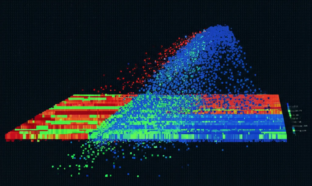 Visualizzazione grafica astratta di dati RNA-seq, rappresentata come una heatmap colorata (rosso per geni sovraespressi, verde/blu per sottoespressi) o un volcano plot con punti colorati. Stile infografica scientifica high-tech, alta definizione, che simboleggia l'analisi dell'espressione genica.