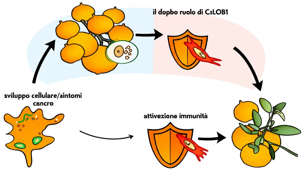 Schema grafico che illustra il doppio ruolo di CsLOB1 nel kumquat. Da un lato frecce che portano a 'sviluppo cellulare/sintomi cancro' (con icona cellula che si divide), dall'altro frecce che portano a 'attivazione immunità' (con icona scudo). Infografica chiara e colorata.