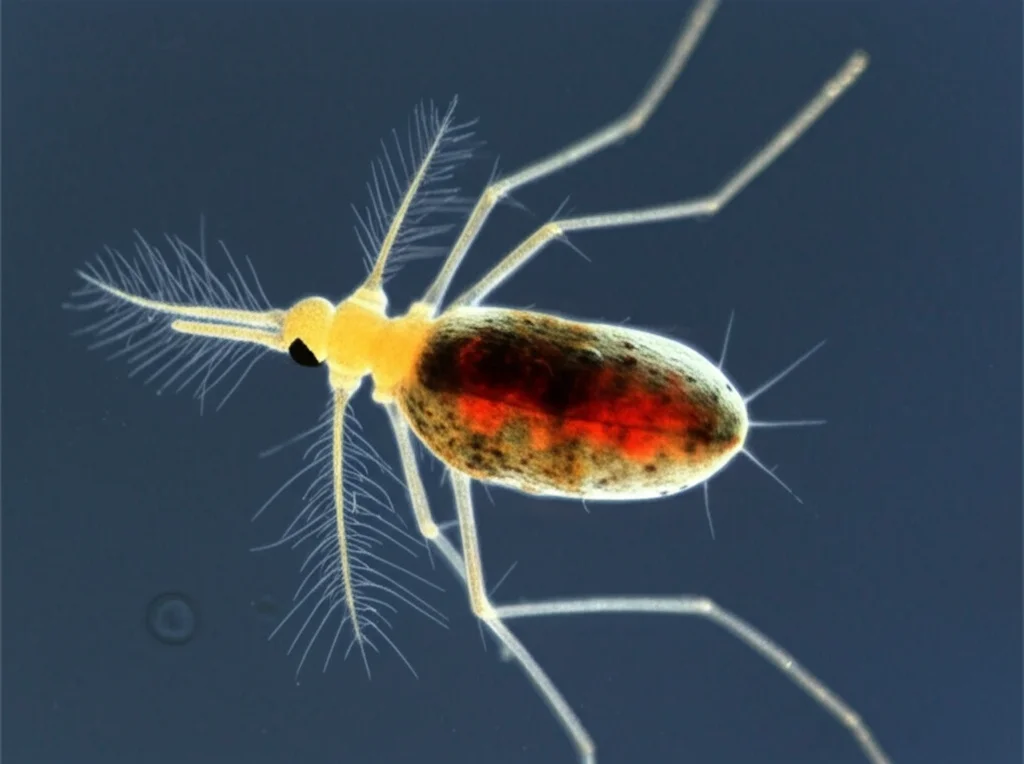 Fotografia macro con lente da 90mm di oocinete di Plasmodium falciparum che attraversa le cellule epiteliali dell'intestino medio della zanzara Anopheles, alto dettaglio, illuminazione controllata drammatica che evidenzia il parassita.