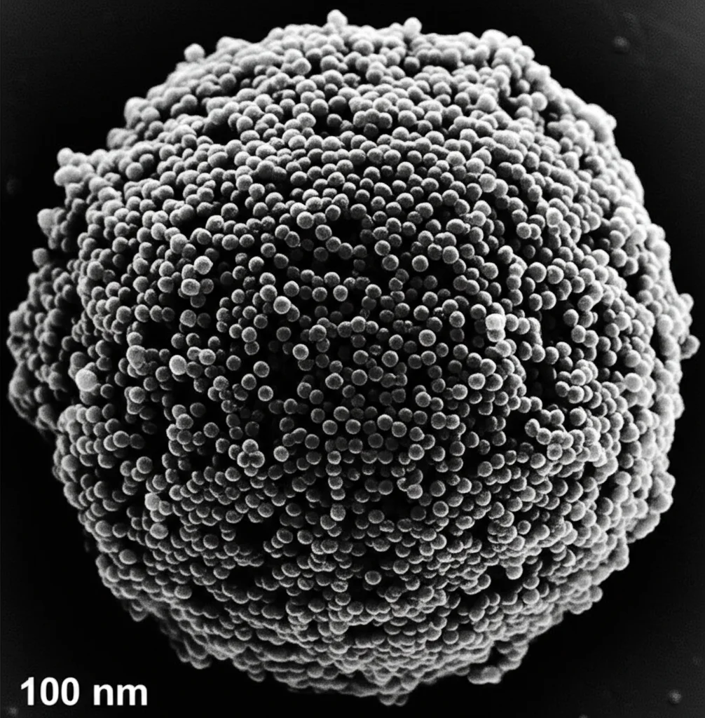 Micrografia elettronica a trasmissione (TEM) fotorealistica di nanoparticelle sferiche cave di carbonio mesoporoso (HMCN) con nanoparticelle d'oro ultra-piccole (circa 2-3 nm) ancorate sulla superficie esterna, simili a 'pepite' dorate su una sfera scura traslucida. Alta definizione, contrasto elevato, illuminazione da laboratorio controllata, stile macro, focale 100mm.