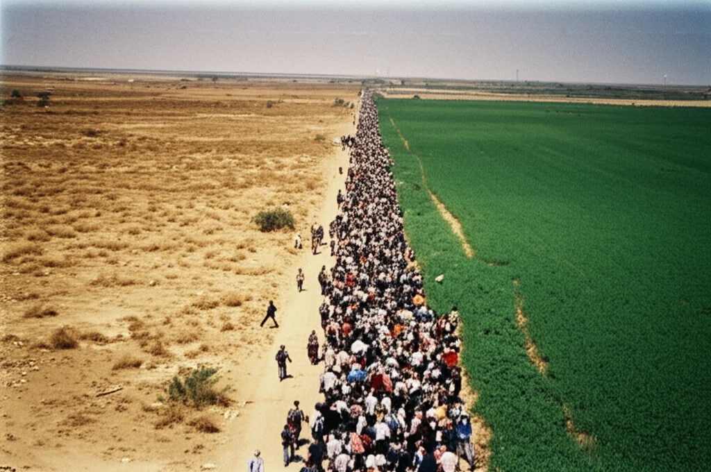 Fotografia realistica, stile reportage, di un confine affollato tra due aree geografiche contrastanti, una arida e povera (Sud), l'altra più verde e sviluppata (Nord), persone in movimento sullo sfondo. Lente prime 35mm, profondità di campo per mettere a fuoco il contrasto.