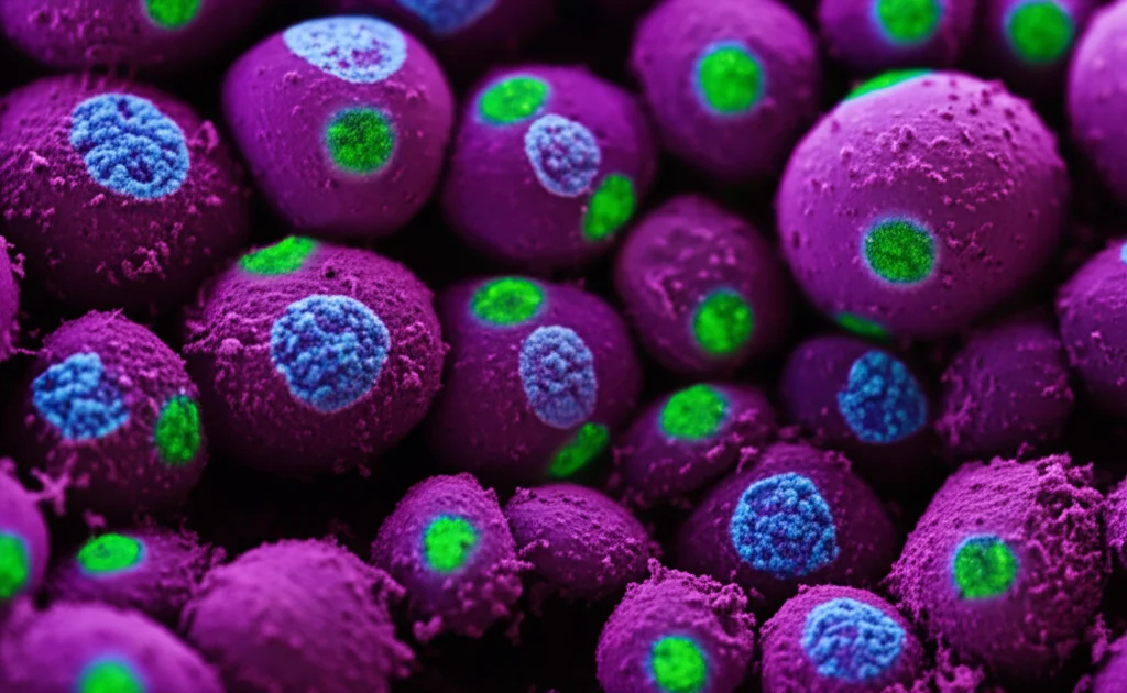 Illustrazione fotorealistica di cellule immunitarie (linfociti T CD8+ killer, riconoscibili dalla forma e marcatori di superficie stilizzati in verde brillante) che infiltrano attivamente un tessuto tumorale (cellule più grandi e irregolari in viola scuro) precedentemente trattato con HMCN/Au@Hb e microonde. Alcune cellule tumorali mostrano segni di apoptosi (frammentazione, colore sbiadito). Ambiente microscopico, alta definizione, colori vivaci per le cellule immunitarie, profondità di campo ridotta, focale 100mm macro, illuminazione da microscopia a fluorescenza simulata.