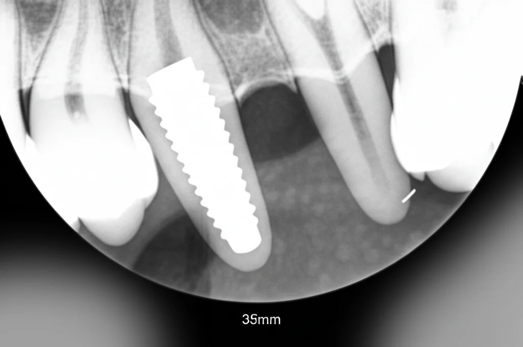 Radiografia dentale che mostra un'area radiotrasparente attorno a un impianto in zirconia, indicativa di perdita di osteointegrazione, 35mm prime lens, bianco e nero, alta definizione.