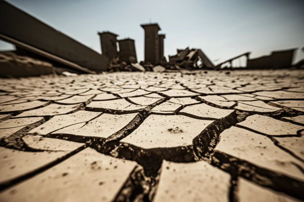 Immagine fotorealistica di un campo agricolo devastato dalla siccità nel Sud del mondo, con crepe nel terreno e sullo sfondo infrastrutture danneggiate. Luce dura del mezzogiorno, lente macro 90mm per dettaglio sulle crepe, colori desaturati.