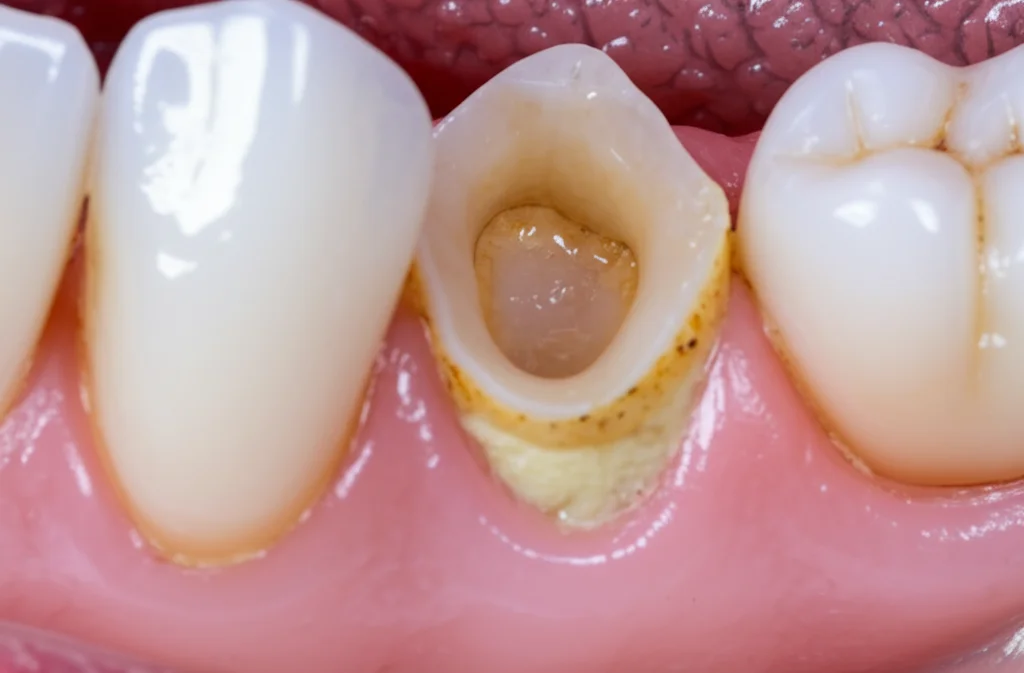 Primo piano clinico di un impianto dentale in zirconia fratturato nella sua porzione coronale, 60mm macro lens, alta definizione, illuminazione clinica.