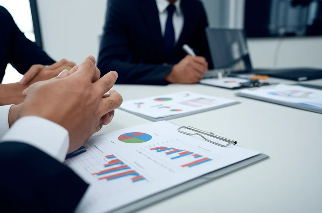 Fotografia di una sala riunioni moderna nel Nord, politici o economisti discutono davanti a grafici che mostrano andamenti economici e demografici contrastanti. Luce controllata da ufficio, lente zoom 24-70mm, focus selettivo sui volti pensierosi.