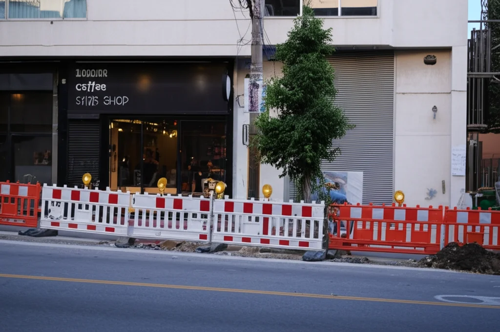 Fotografia realistica di una strada urbana con lavori di costruzione moderati (transenne, piccolo scavo) davanti a un accogliente coffee shop. Obiettivo prime 35mm, luce naturale del tardo pomeriggio, profondità di campo media che mostra sia i lavori che il negozio a fuoco.