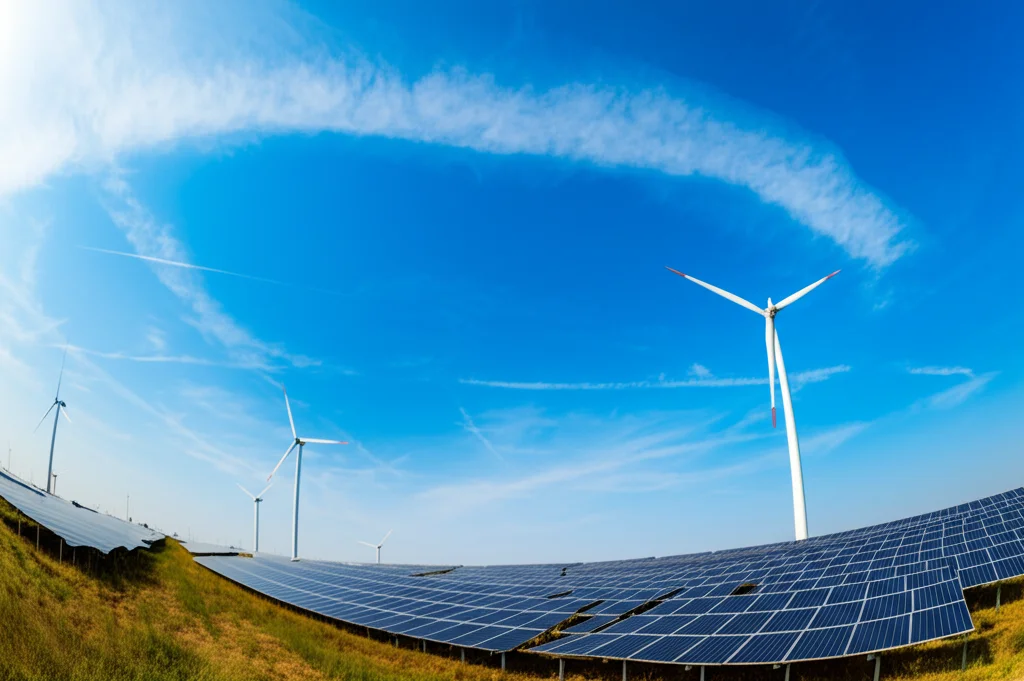 Paesaggio grandangolare (lente 15mm) che mostra un impianto di energia rinnovabile (pannelli solari o turbine eoliche) fiorente in una regione precedentemente dipendente da combustibili fossili, simboleggiando la transizione e la mitigazione climatica. Cielo limpido, colori vividi, messa a fuoco nitida.