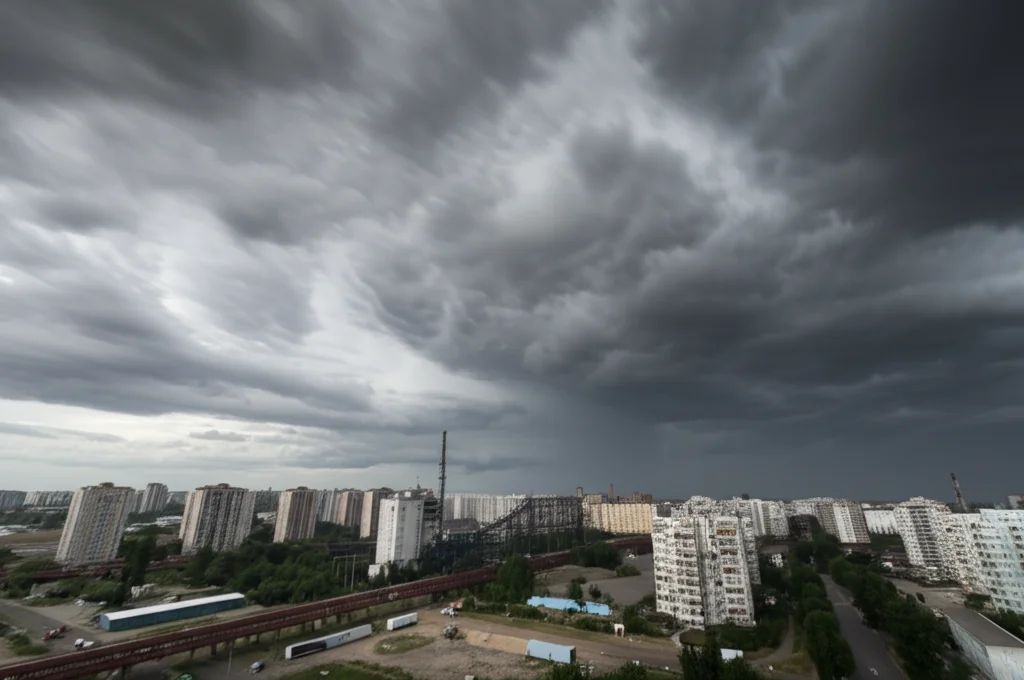Fotografia paesaggistica grandangolare (15mm) di un cielo tempestoso sopra un paesaggio urbano o industriale. Nuvole scure e dinamiche, suggerendo volatilità. Lungo tempo di esposizione per rendere le nuvole leggermente mosse, accentuando la sensazione di cambiamento e durata.