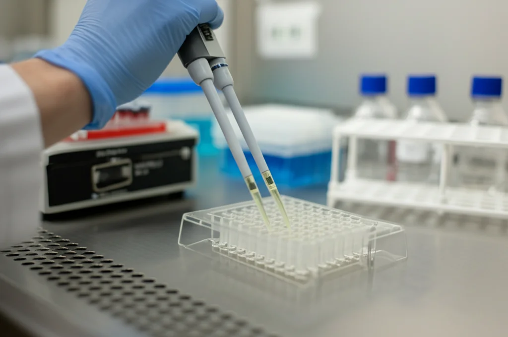 Primo piano delle mani guantate di uno scienziato che utilizza una micropipetta per trasferire liquidi trasparenti in una piastra PCR su un banco di laboratorio. In background, attrezzature scientifiche sfocate. Obiettivo prime 35mm, profondità di campo ridotta.