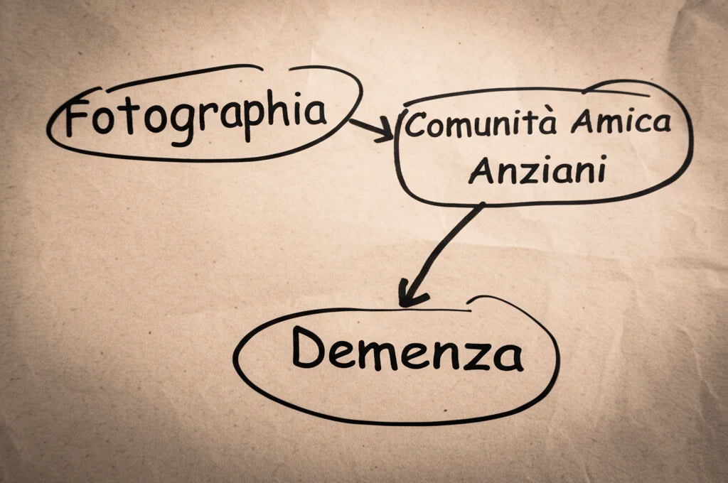 Fotografia macro di una mappa concettuale disegnata a mano su un foglio di carta riciclata, con le parole 'Comunità Amica Anziani' e 'Demenza' collegate da frecce e simboli, illuminazione da studio controllata, obiettivo 90mm, alta definizione dei dettagli.