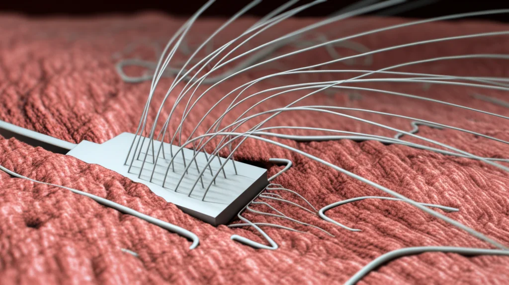 Immagine macro fotorealistica di un elettrodo neurale metallico opaco posizionato su tessuto cerebrale stilizzato, che oscura parzialmente la vista sottostante. Illuminazione controllata, alta definizione, obiettivo macro 90mm.