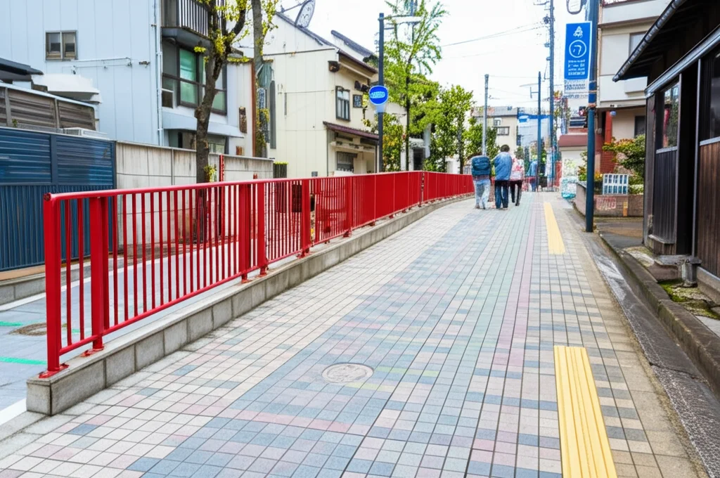 Foto di una strada urbana accessibile in Giappone, con pavimentazione tattile per non vedenti, rampe dolci e segnaletica chiara. Anziani camminano tranquillamente. Obiettivo grandangolare 20mm, luce naturale, messa a fuoco nitida sull'intera scena.