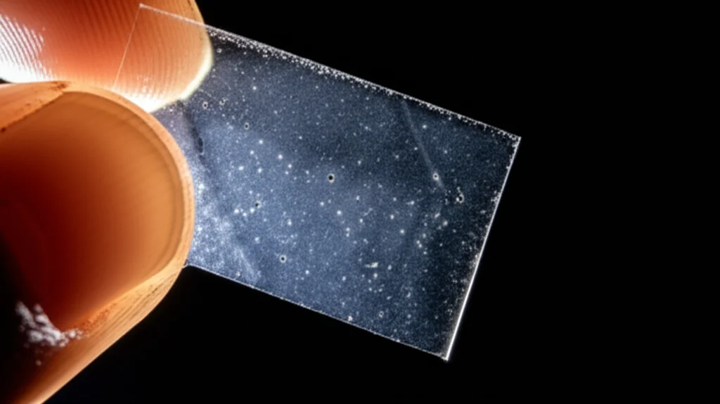 Fotografia still life di un sottile film flessibile e trasparente di PEDOT:PSS trattato con FPE, tenuto contro una fonte di luce per evidenziarne la trasparenza. Dettaglio elevato, messa a fuoco precisa, obiettivo macro 60mm.