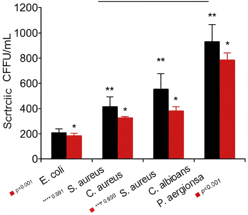 Grafico scientifico che mostra la sopravvivenza batterica (CFU/mL) su superfici di controllo vs superfici trattate con resina CHX per diversi microrganismi (E. coli, S. aureus, C. albicans, P. aeruginosa), con barre di errore e indicazioni di significatività statistica (p minore di 0.001).