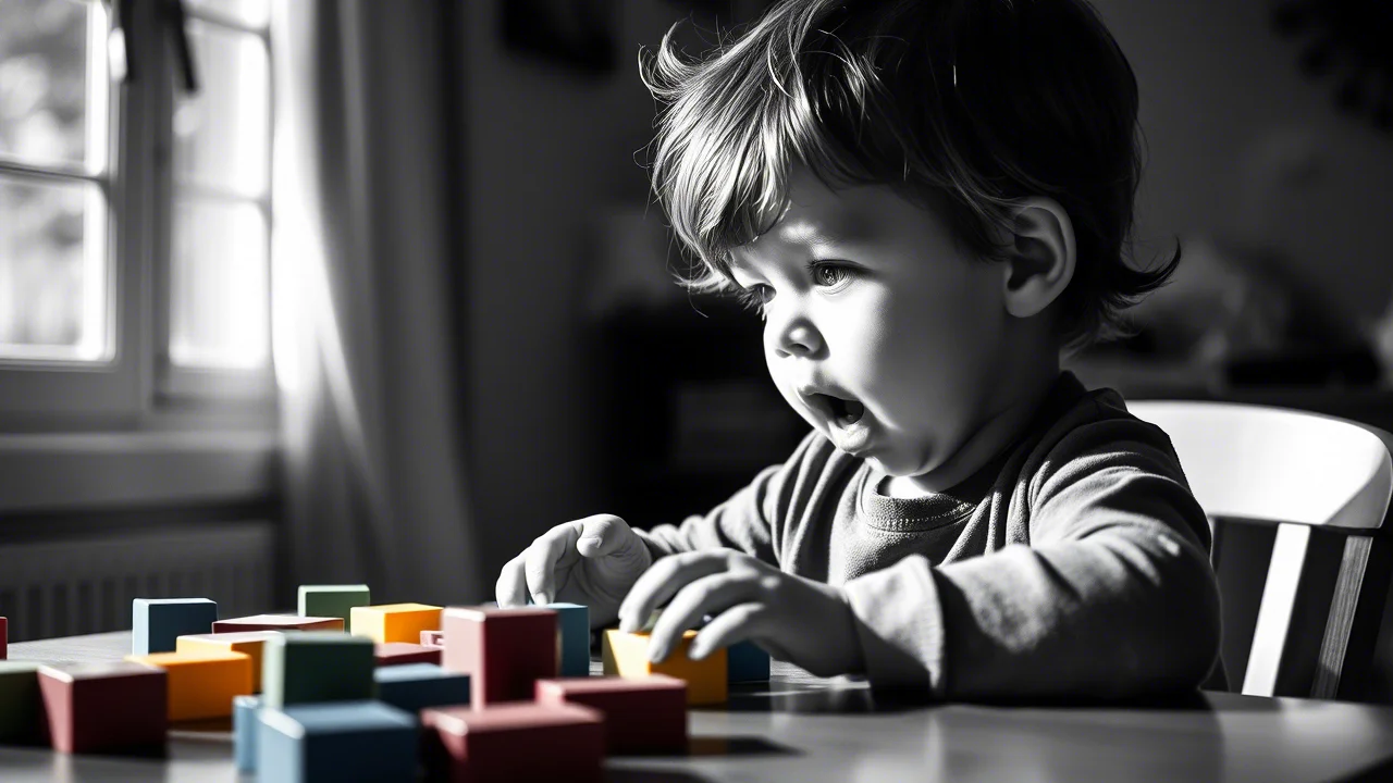 Fotografia in bianco e nero di un bambino in età prescolare seduto a un tavolo con dei blocchi colorati, assorto nel gioco e con un'espressione concentrata, la bocca leggermente aperta come se stesse parlando da solo. La luce proviene da una finestra laterale creando ombre morbide. Obiettivo prime 35mm, profondità di campo ridotta per sfocare lo sfondo, stile evocativo del film noir.