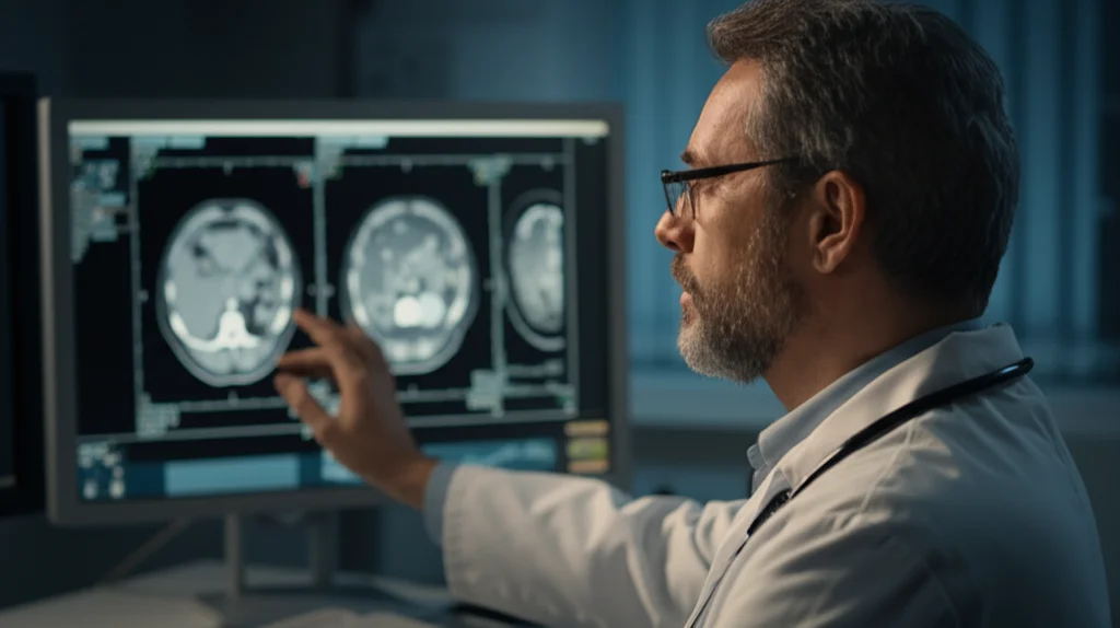 Primo piano di un medico concentrato che analizza una scansione TC del fegato su uno schermo ad alta risoluzione in una sala di controllo radiologica, mettendo in evidenza la complessità della pianificazione del trattamento per l'epatocarcinoma con PVTT. Obiettivo prime 35mm, profondità di campo ridotta per focalizzare l'attenzione sullo schermo e sul medico, illuminazione da studio controllata.