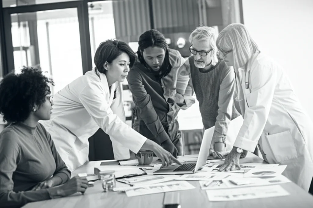 Ritratto di gruppo di ricercatori di diverse età ed etnie che discutono animatamente attorno a un tavolo pieno di grafici e dati su un laptop, in un ufficio moderno e luminoso. Obiettivo 35mm, stile documentaristico, bianco e nero con leggeri toni seppia, profondità di campo media.