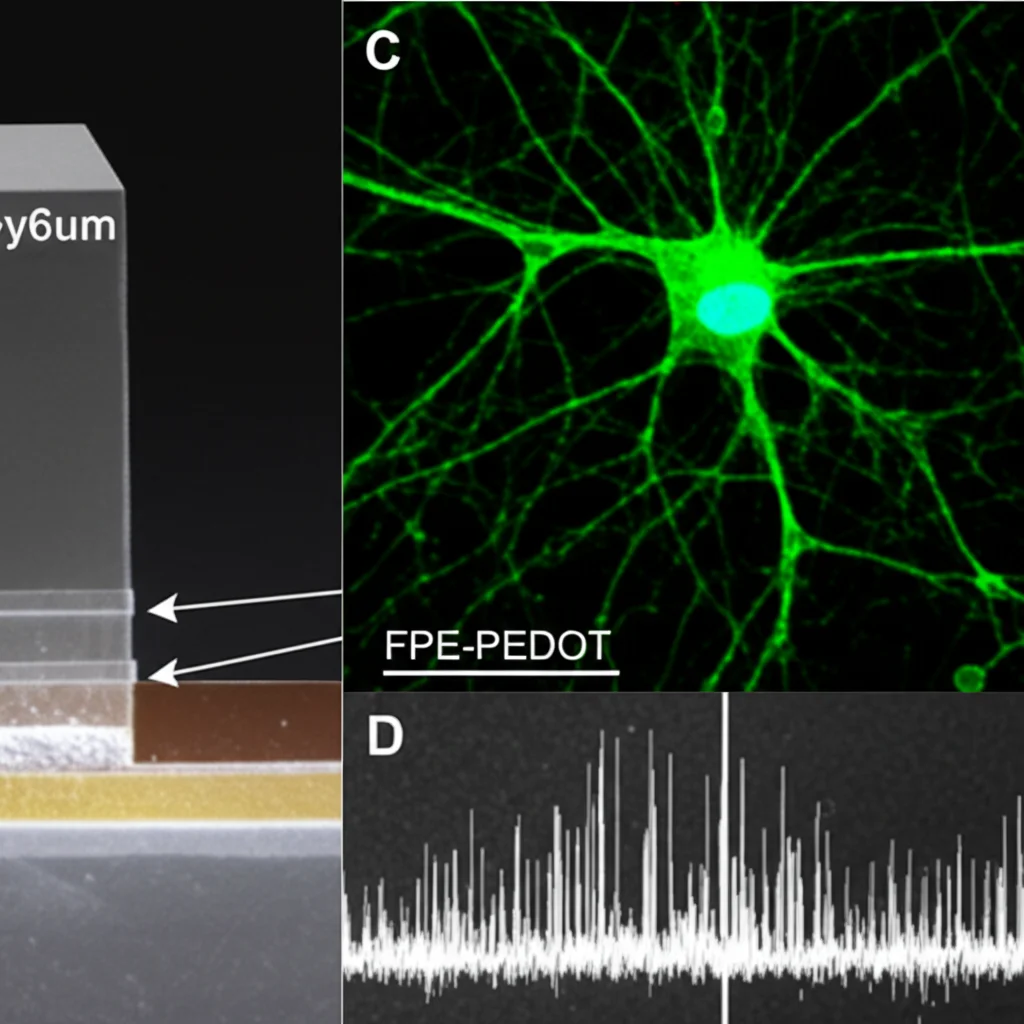 Immagine composita fotorealistica che mostra a sinistra una chiara immagine a due fotoni di neuroni fluorescenti e a destra una traccia di segnale elettrofisiologico pulito, con l'interfaccia trasparente FPE-PEDOT appena visibile che le collega. Profondità di campo, illuminazione drammatica.