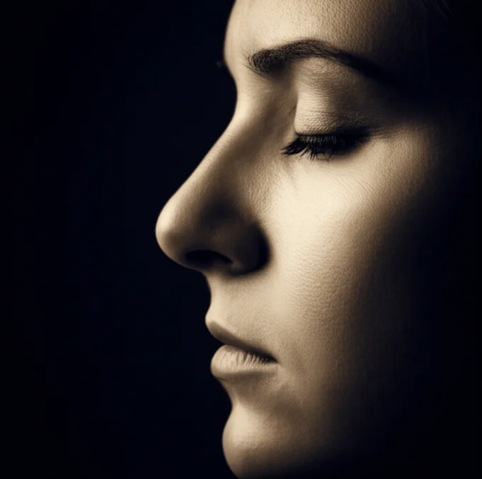 Ritratto fotografico suggestivo di profilo di una persona con gli occhi chiusi, immersa in pensieri profondi. La luce colpisce solo una parte del volto, creando un forte contrasto. L'immagine è in toni duotone seppia e blu scuro, evocando introspezione e la complessità dello spazio interiore. Obiettivo prime 50mm, profondità di campo marcata.