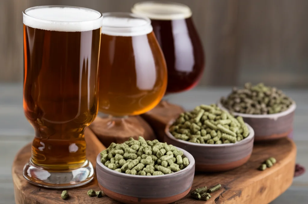 Fotografia still life in stile 'food photography' di diversi bicchieri da degustazione con birre di colori differenti (dal chiaro all'ambrato), affiancati da piccole ciotole contenenti diverse varietà di pellet di luppolo. Obiettivo macro 85mm, illuminazione morbida e controllata, alta definizione.