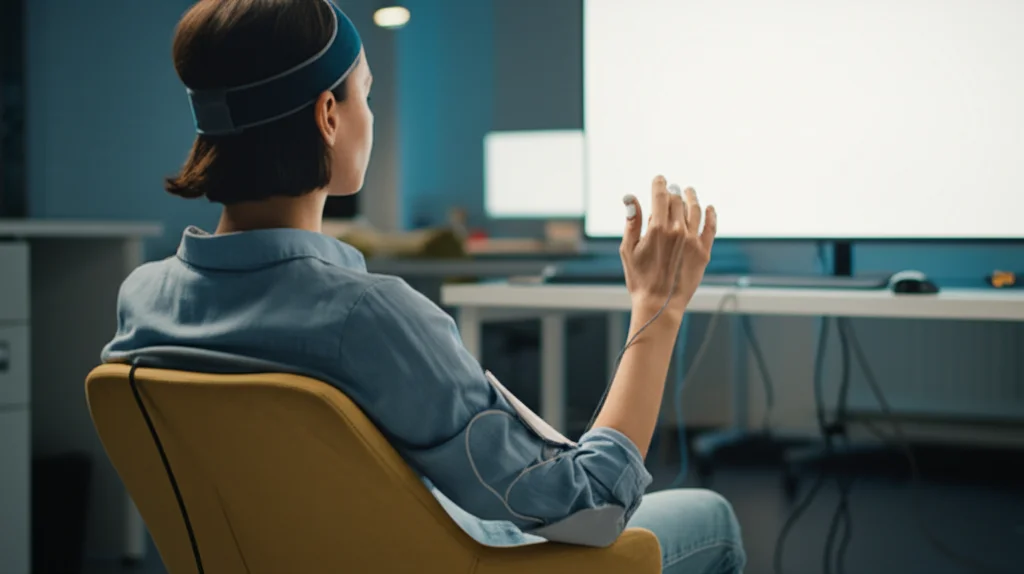 Scena realistica in un laboratorio di ricerca cognitiva moderno e minimalista. Una persona è seduta comodamente su una poltrona, indossa una fascia toracica discreta per la misurazione della variabilità cardiaca (HRV) e piccoli sensori di movimento sulle dita. Guarda intensamente uno schermo bianco o sembra riflettere ad occhi chiusi. L'illuminazione è soffusa e focalizzata sul partecipante. Obiettivo zoom 70mm, dettagli nitidi sulla tecnologia e sull'espressione concentrata.