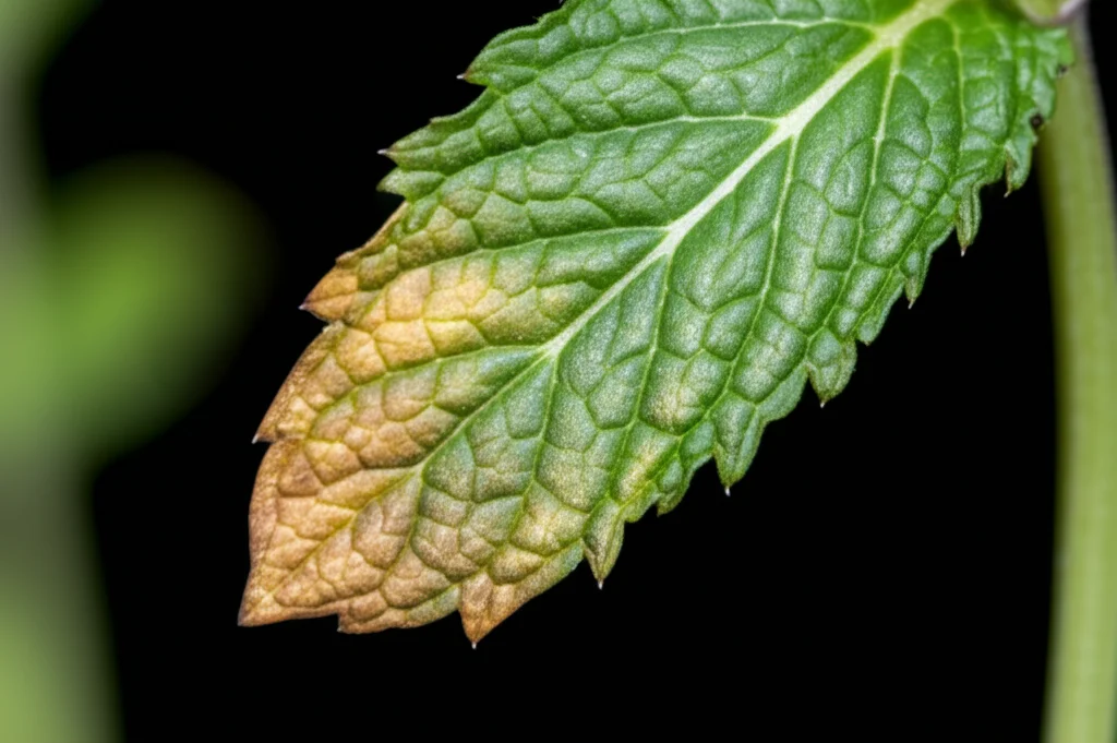 Macro fotografia di una foglia di menta pompelmo che mostra segni di appassimento dovuti alla siccità, con bordi leggermente ingialliti. Obiettivo macro 100mm, messa a fuoco precisa sui dettagli della texture secca, illuminazione controllata per enfatizzare lo stress idrico.
