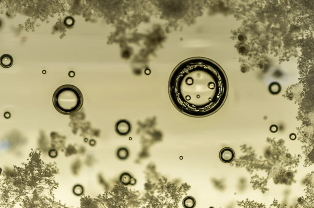 Macro fotografia di microgoccioline sferiche trasparenti (MMD di polilattato) fluttuanti in una soluzione acquosa salina all'interno di una piastra di Petri. Cristalli di sale (NaCl e KCl) sono visibili depositati sul fondo. Obiettivo macro 105mm, illuminazione laterale controllata per evidenziare la tridimensionalità, alta definizione, sfondo sfocato.