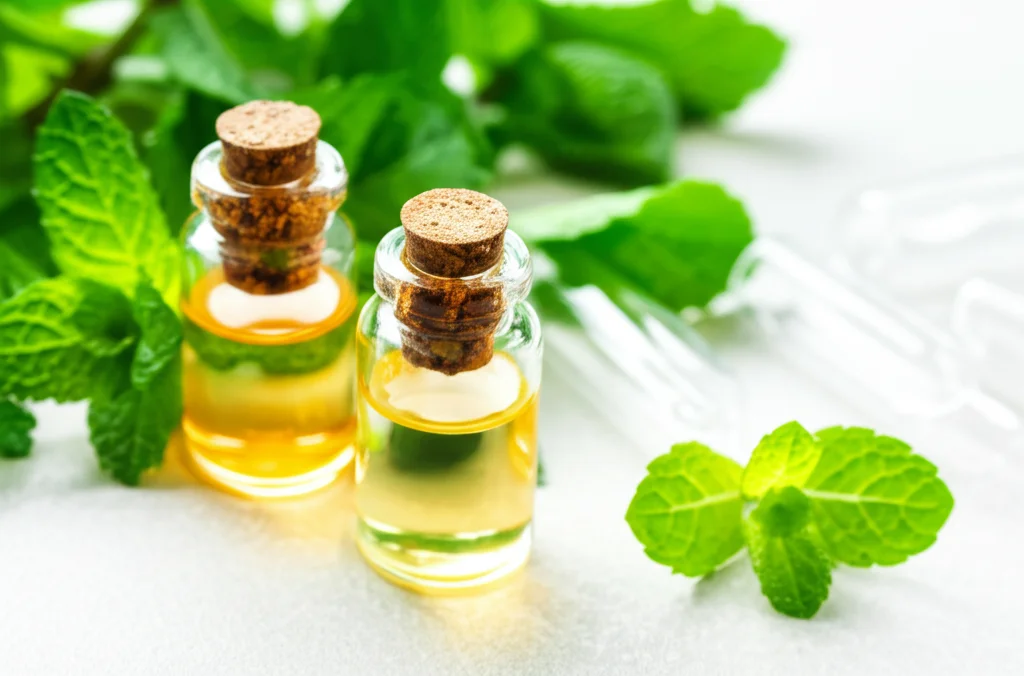 Still life fotografico con piccole fiale di vetro contenenti olio essenziale trasparente, posizionate accanto a foglie fresche di menta pompelmo su una superficie neutra. Obiettivo macro 85mm, alta definizione, illuminazione morbida e controllata per esaltare la purezza dell'olio e la freschezza delle foglie.