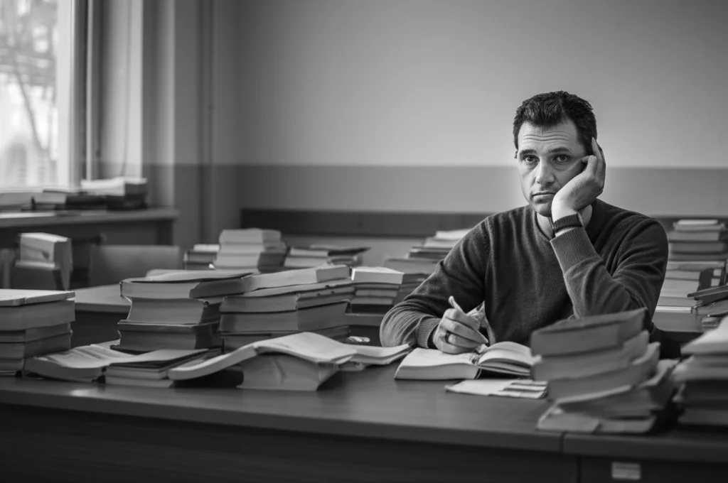 Un insegnante dall'aspetto stanco ma riflessivo siede alla sua scrivania piena di libri in un'aula vuota alla fine della giornata. Luce soffusa dalla finestra. Prime lens, 35mm, profondità di campo, bianco e nero.