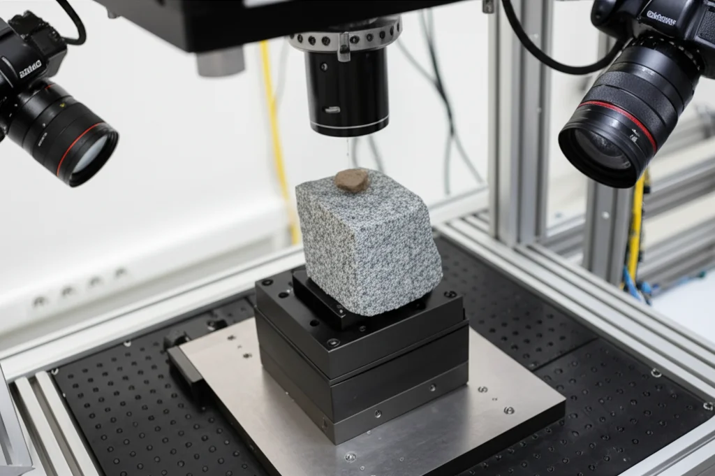 Immagine fotorealistica di un laboratorio di meccanica delle rocce. Un campione di granito grigio chiaro è montato su una macchina per prove di flessione a tre punti. Illuminazione controllata e precisa mette in risalto il campione. Due telecamere digitali sono puntate sul campione per l'analisi DIC (Correlazione di Immagini Digitali). L'atmosfera è high-tech e scientifica, con focus nitido sul campione di roccia. Obiettivo macro 100mm.