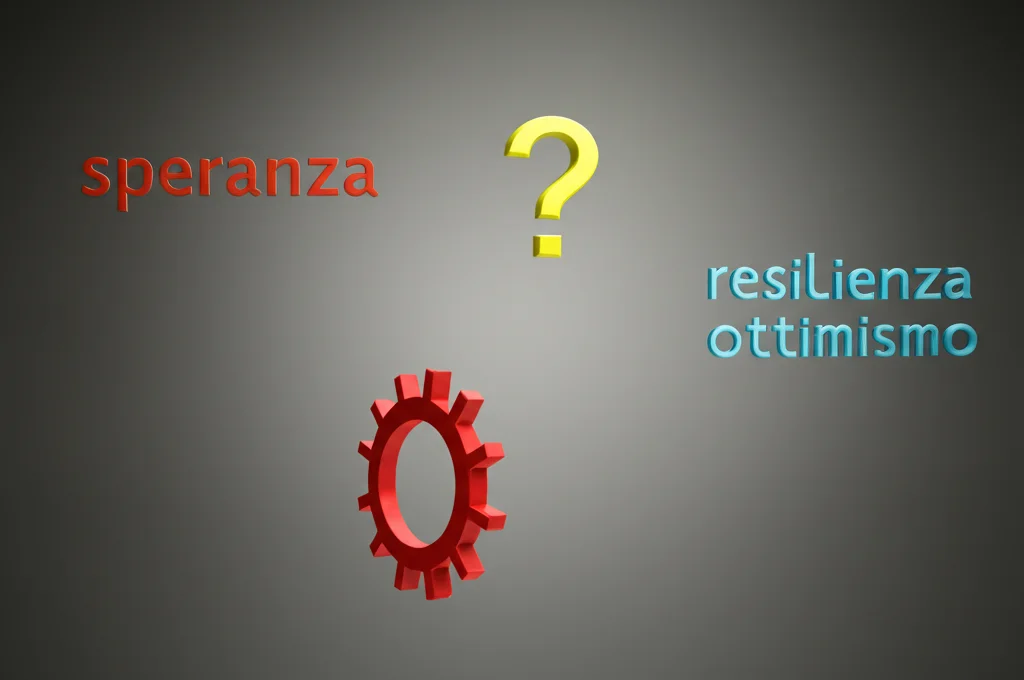 Primo piano di quattro simboli astratti luminosi che rappresentano speranza, efficacia, resilienza e ottimismo, fluttuanti su uno sfondo neutro. Macro lens, 90mm, illuminazione controllata, alta definizione.