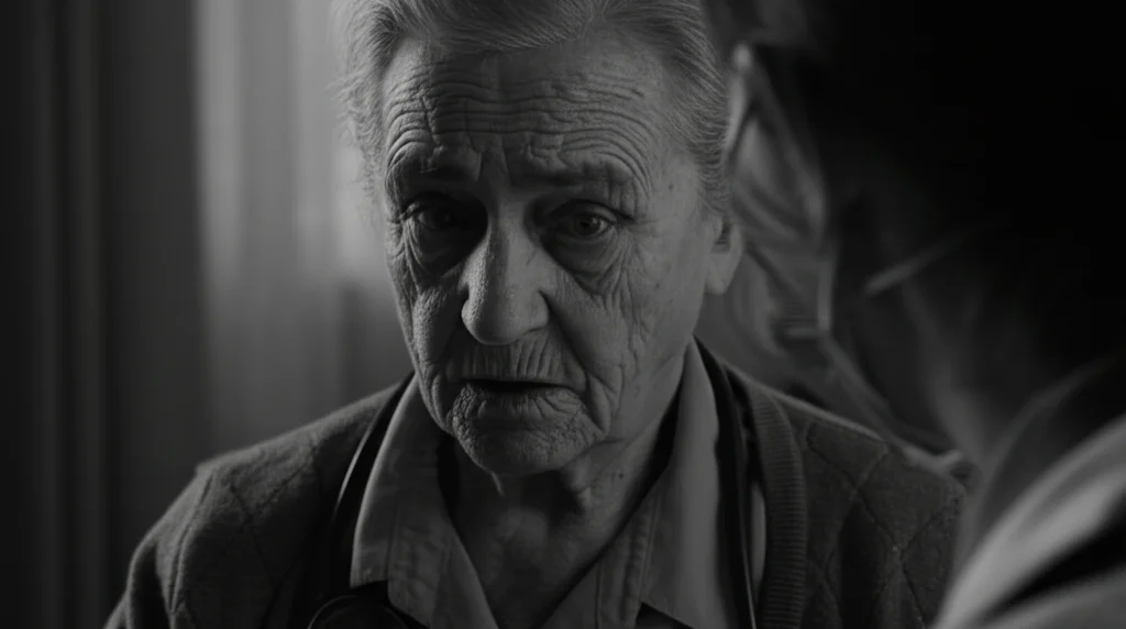 Ritratto fotografico di una persona anziana durante una videoconsultazione medica, il volto parzialmente in ombra esprime preoccupazione. Obiettivo prime 35mm, profondità di campo ridotta, bianco e nero cinematografico.