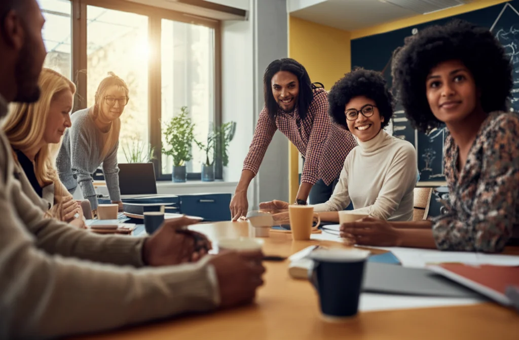 Un gruppo diversificato di insegnanti sorridenti che collaborano attorno a un tavolo durante una pausa caffè in una sala insegnanti luminosa e accogliente. Zoom lens, 50mm, luce naturale, colori caldi.