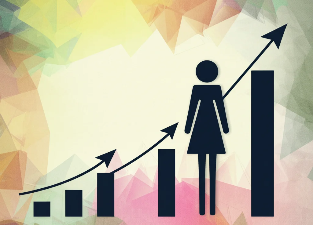 Due sagome stilizzate, una maschile e una femminile, affiancate, con grafici a barre crescenti che emergono da ciascuna, simboleggiando percorsi di crescita diversi. Sfondo astratto con colori tenui. Obiettivo standard, 50mm.
