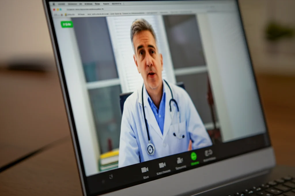 Primo piano dello schermo di un laptop che mostra una videoconsultazione tra medico e paziente, focus sullo schermo sfocato sullo sfondo. Obiettivo macro 60mm, illuminazione controllata, alta definizione dei pixel sullo schermo.