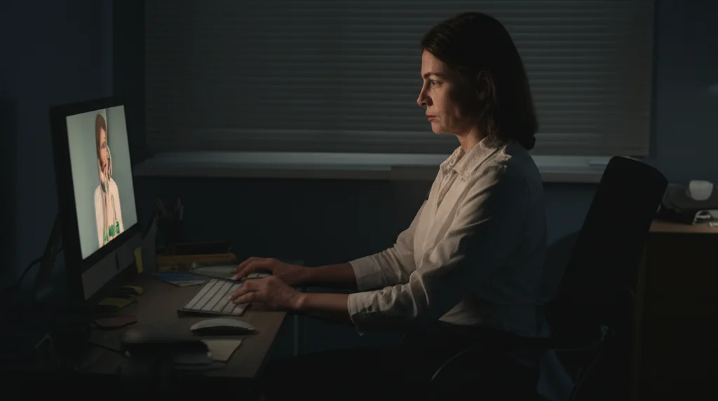 Donna seduta da sola davanti a un computer, guarda lo schermo con espressione distante e pensierosa durante una videochiamata. Stile film noir, obiettivo 35mm, contrasto elevato, luce soffusa dalla finestra.