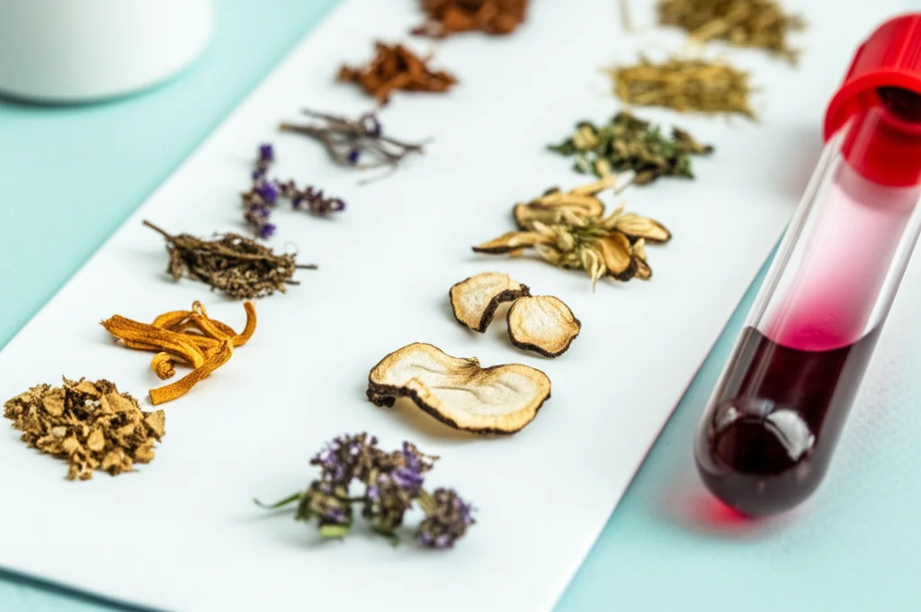 Macro lens, 60mm, high detail, precise focusing, controlled lighting, close-up di varie erbe medicinali essiccate usate nella Medicina Coreana disposte artisticamente accanto a una moderna provetta per analisi del sangue, simboleggiando l'integrazione.