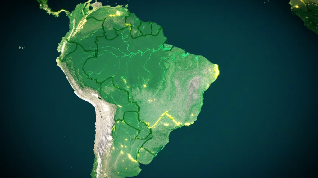 Mappa stilizzata del Sud America con evidenziata la regione amazzonica e punti luminosi che rappresentano le diverse etnie indigene studiate. Grafica digitale, colori della terra e verdi predominanti, effetto leggermente tridimensionale.