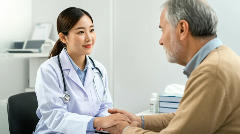 Portrait photography, prime lens, 35mm, depth of field, una dottoressa di Medicina Coreana (KMD) sorridente in una clinica moderna e luminosa, mentre discute i risultati di un'analisi del sangue con un paziente anziano, mostrando empatia e professionalità.