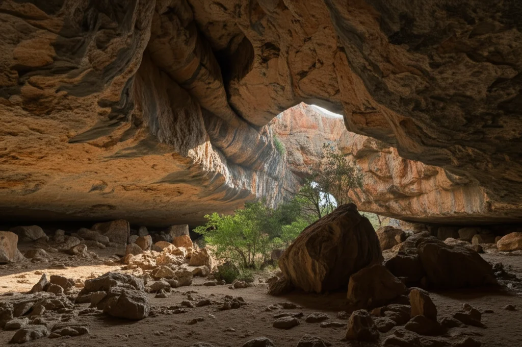 Ingresso della Grotta di Wonderwerk in Sudafrica, luce del tardo pomeriggio che illumina le rocce, stile landscape wide angle 15mm, messa a fuoco nitida, dettagliata.