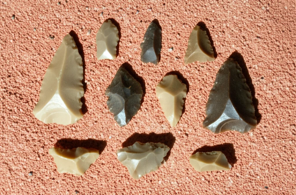 Primo piano di strumenti litici della Later Stone Age (LSA) su un letto di sedimento sabbioso all'interno di una grotta, illuminazione controllata, obiettivo macro 90mm, alta definizione, messa a fuoco precisa sui manufatti.
